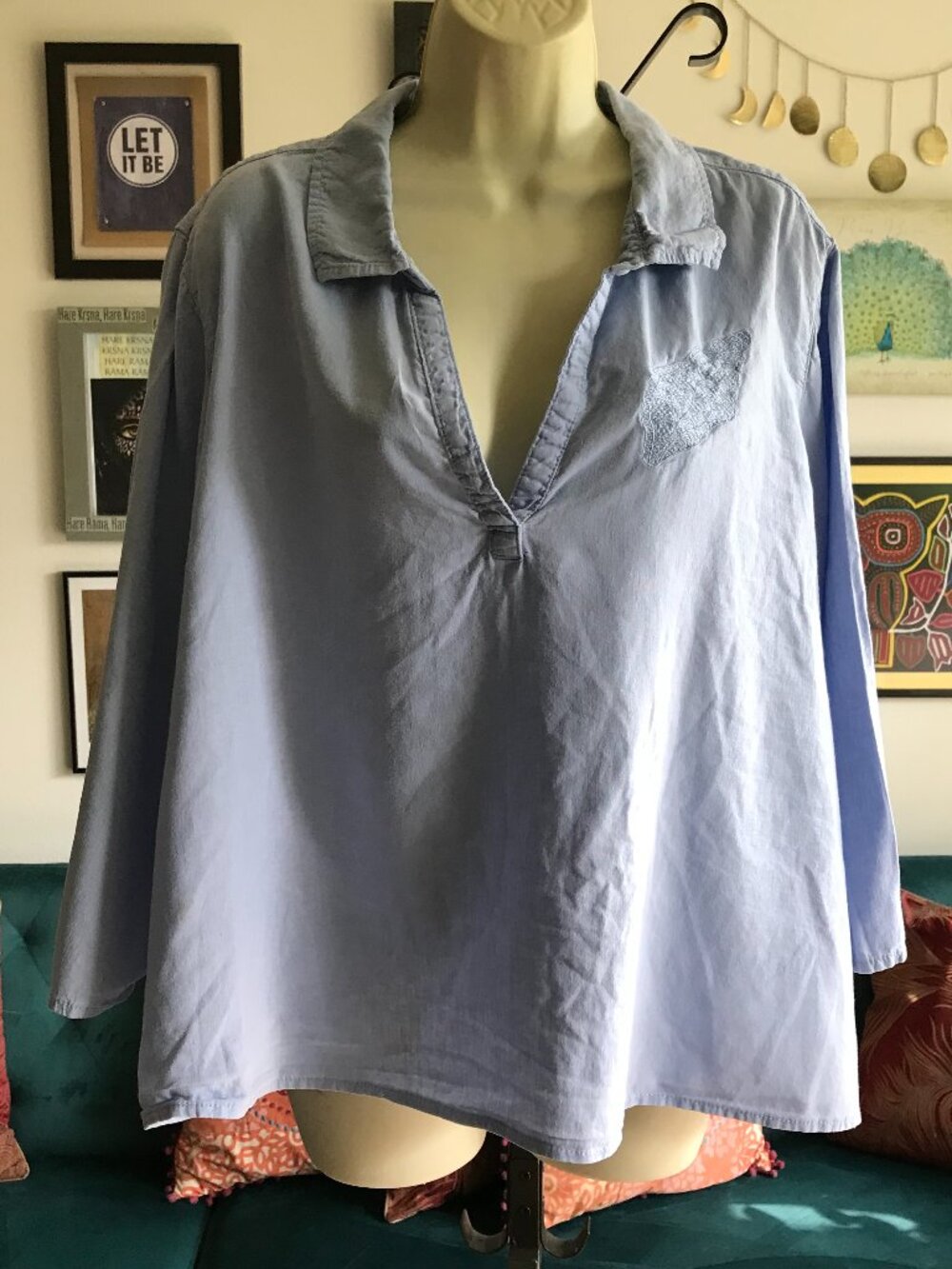 CALYPSO St Barth size 3X Pale Blue Embroidered Linen Blend Beachy Popover Top